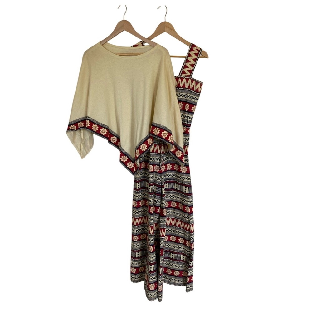 Vtg Kappi 70s Jumper Poncho‎ Set Size 4 Retro Bohemian Red Cream Black Mod